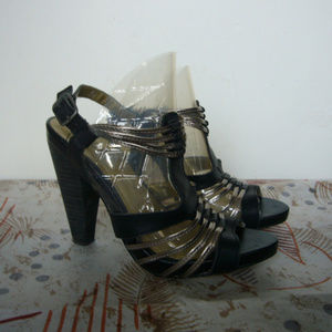 Seychelles Black Silver Caged Cone Heel Ankle Strap Sandal Size 5.5 Disco Night